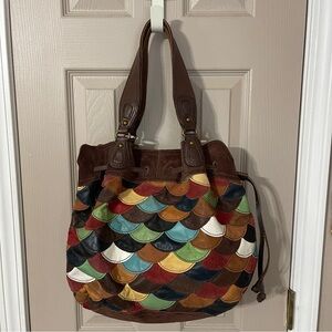 Lucky Brand multicolored leather and suede patchwork hobo shoulder bag.